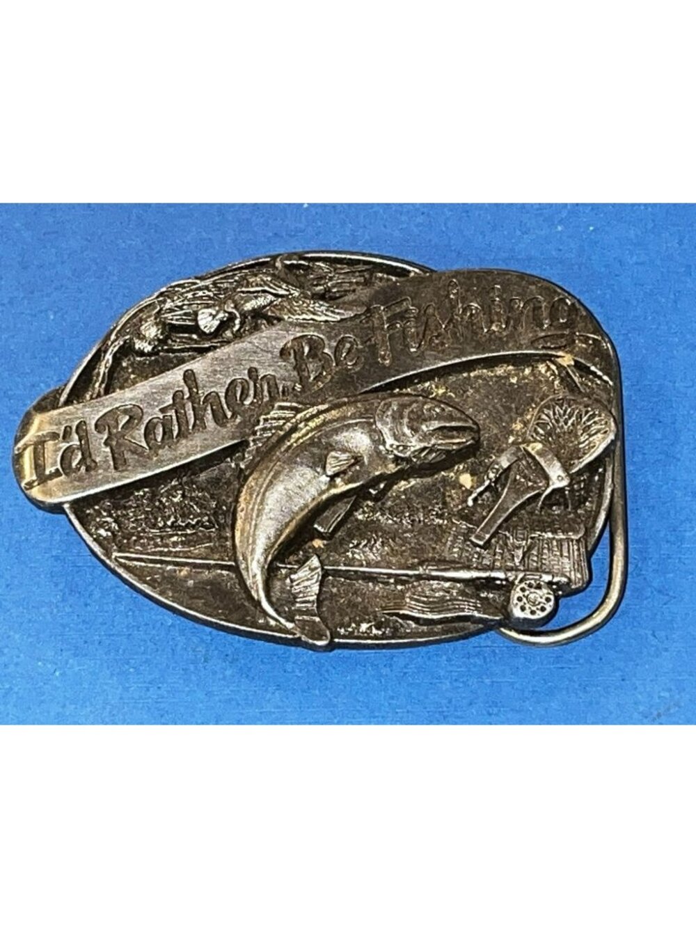 Vintage 1985 Siskiyou Buckle Co I'd Rather Be Fishing Silver Belt Buckle